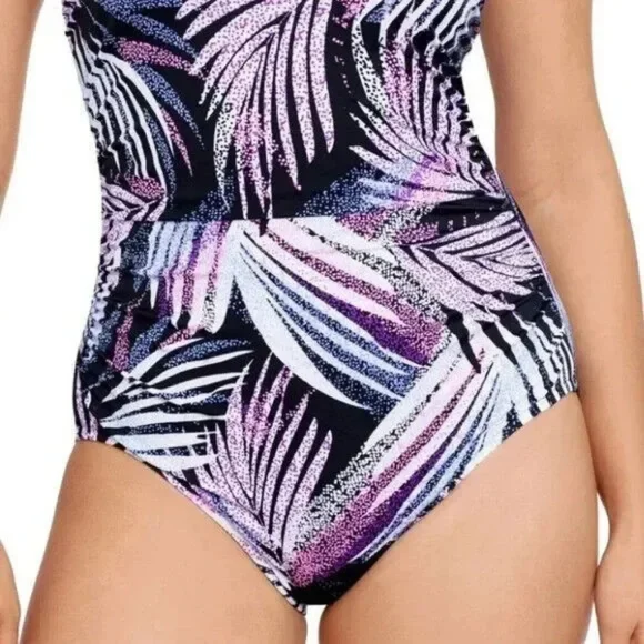 Swim Solutions Women's Black Printed Tummy Control One Shoulder One Piec… - Picture 3 of 6